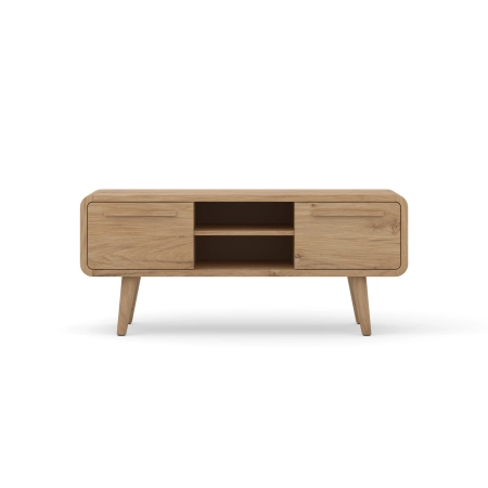 Szafka RTV z litego drewna 140 × 60 × 45 cm – 2 szafki i otwarte półki